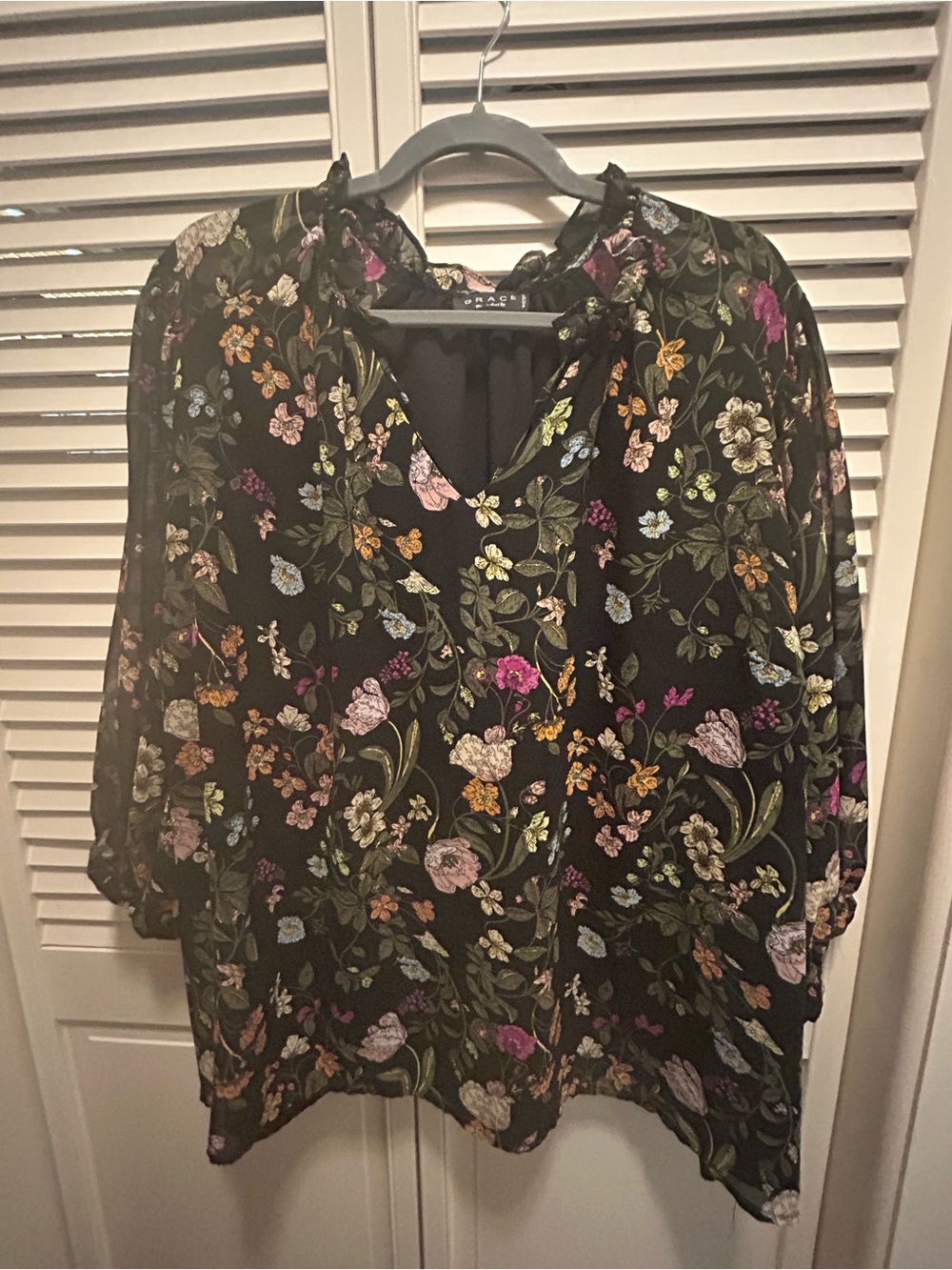Grace Black Floral V-Neck Sheer Sleeve Blouse